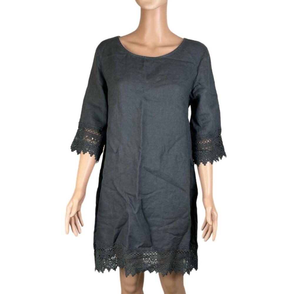 Stella Rosa grey linen crocheted lace short sleeve dress Size Sm Coastal Boho
